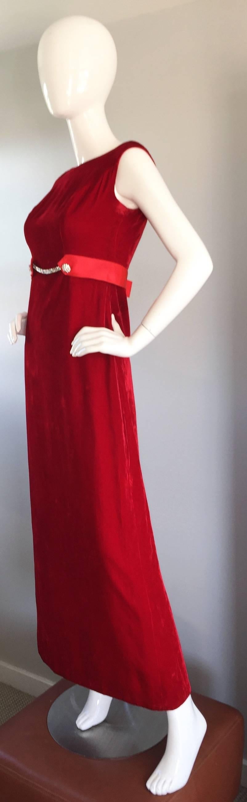 Women's 1960s 60s Lipstick Red Velvet Vintage Column Gown w/ Rhinestones