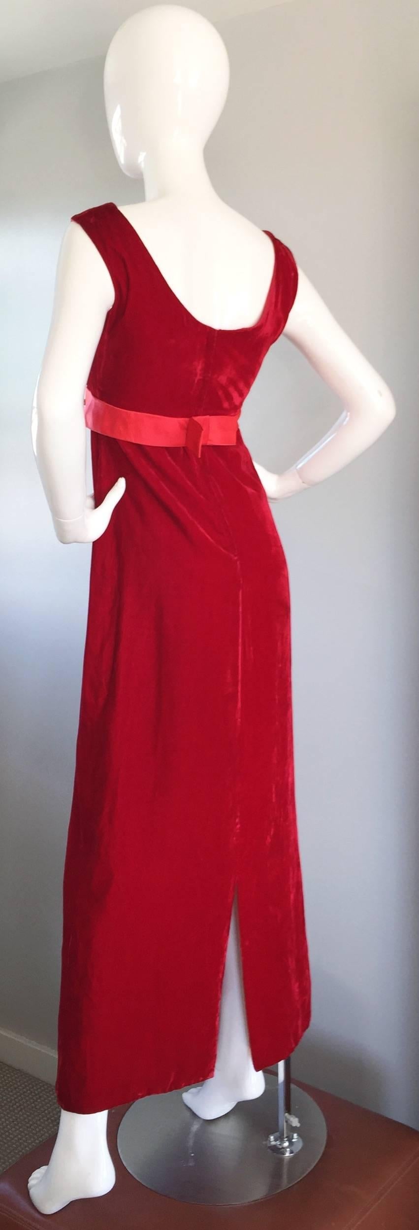 1960s 60s Lipstick Red Velvet Vintage Column Gown w/ Rhinestones In Excellent Condition In San Diego, CA