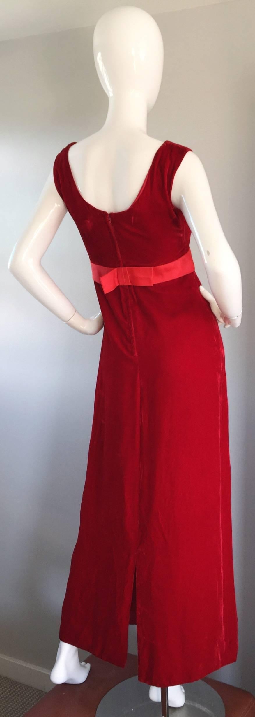 1960s 60s Lipstick Red Velvet Vintage Column Gown w/ Rhinestones 2