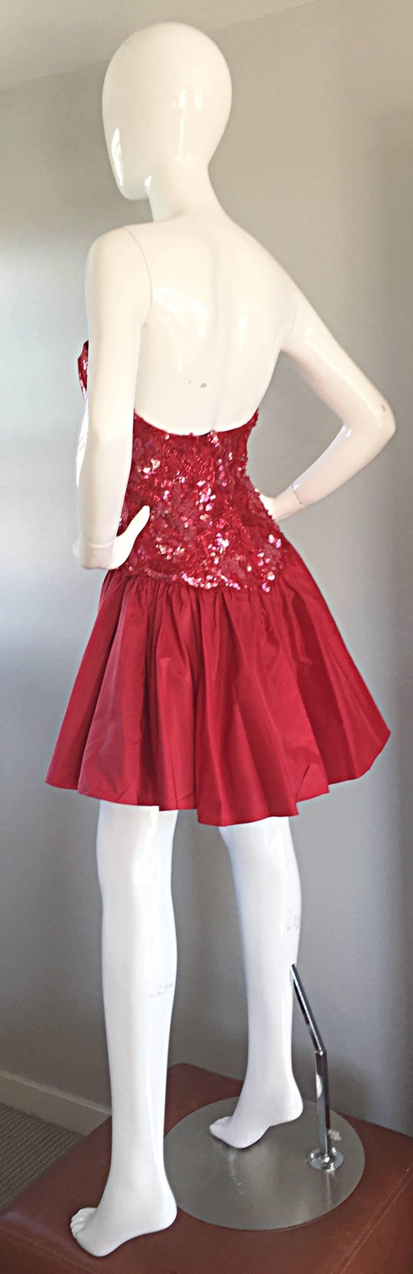 Joanna Mastroianni Beautiful Vintage 90s Candy Apple Red Strapless Sequin Dress For Sale 1
