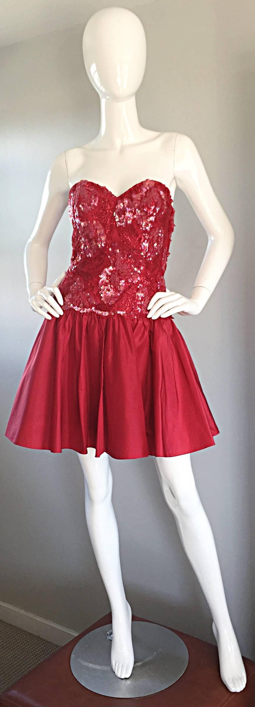 strapless red sequin dress