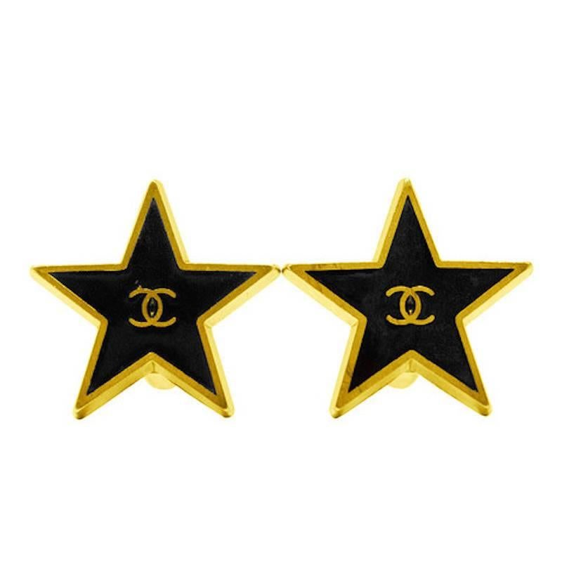 1990s Chanel Black and Gold Star Earrings