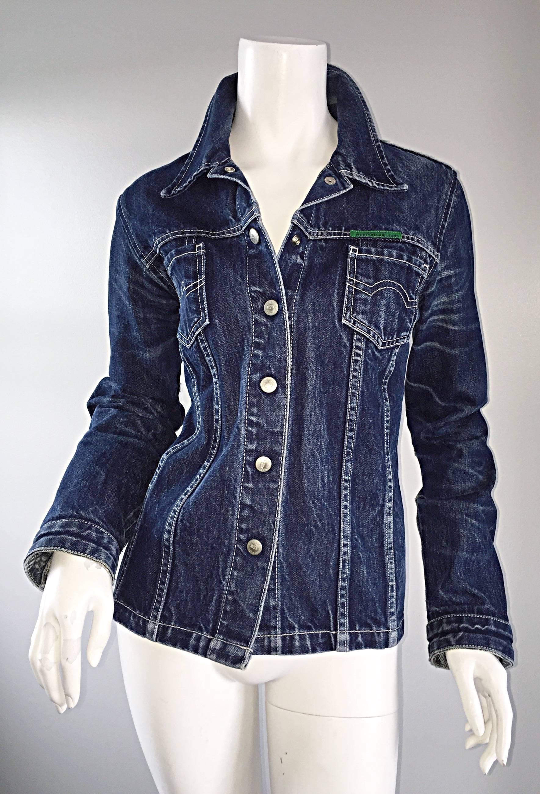 Women's or Men's 1990s Todd Oldham Vintage Blue Jean Denim 90s Fitted Shirt Jacket 