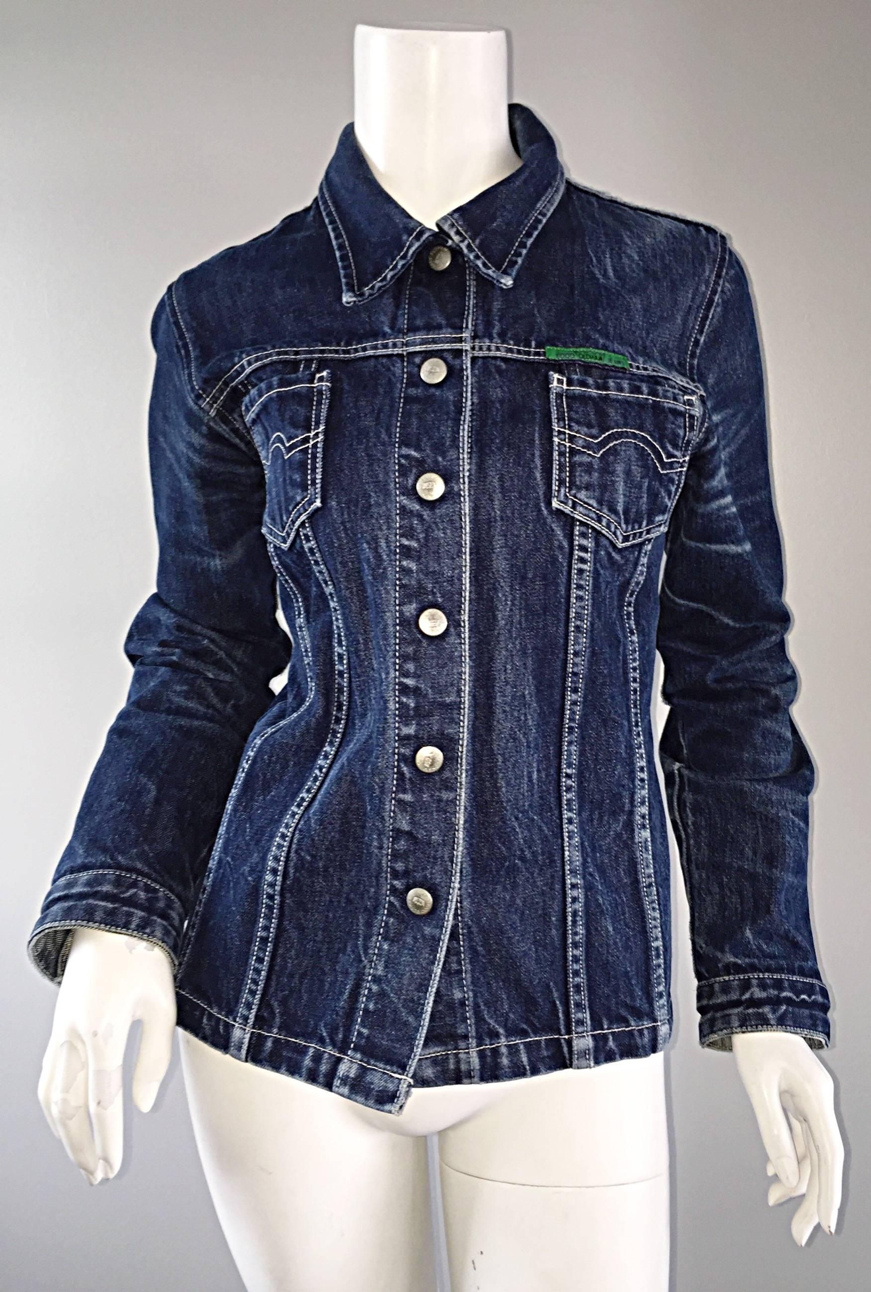 1990s Todd Oldham Vintage Blue Jean Denim 90s Fitted Shirt Jacket  4