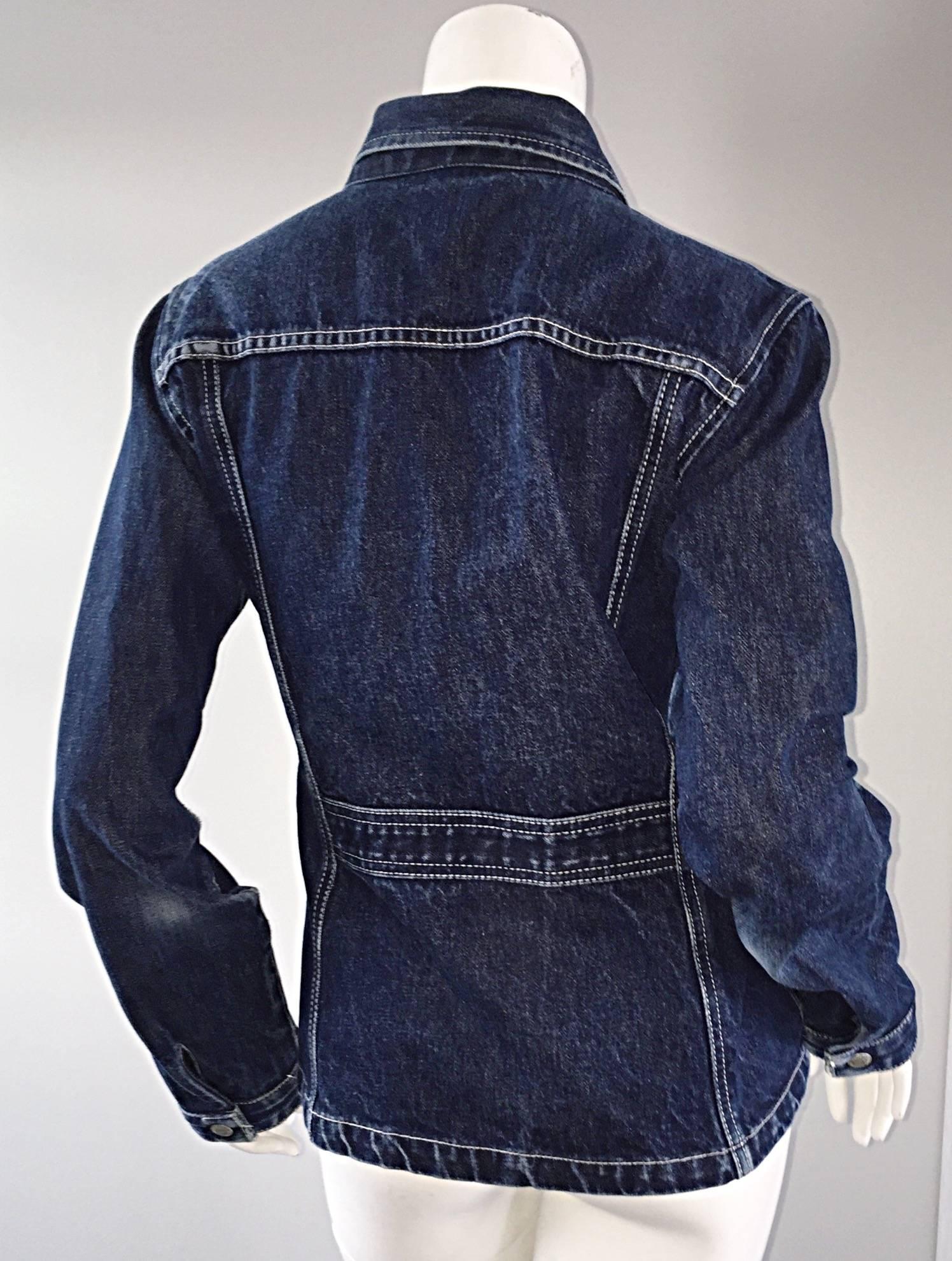 Black 1990s Todd Oldham Vintage Blue Jean Denim 90s Fitted Shirt Jacket 