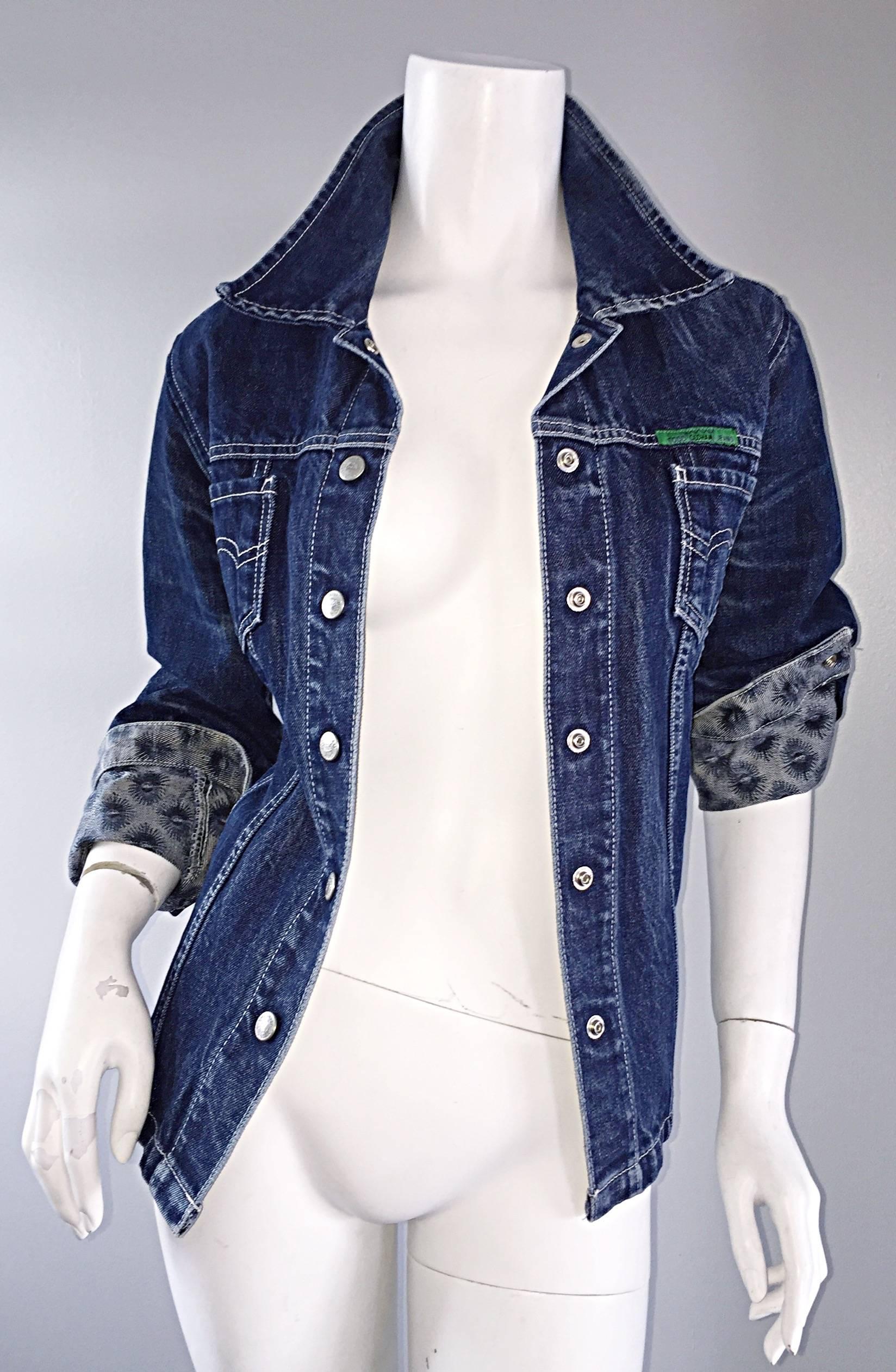 1990s Todd Oldham Vintage Blue Jean Denim 90s Fitted Shirt Jacket  In Excellent Condition In San Diego, CA