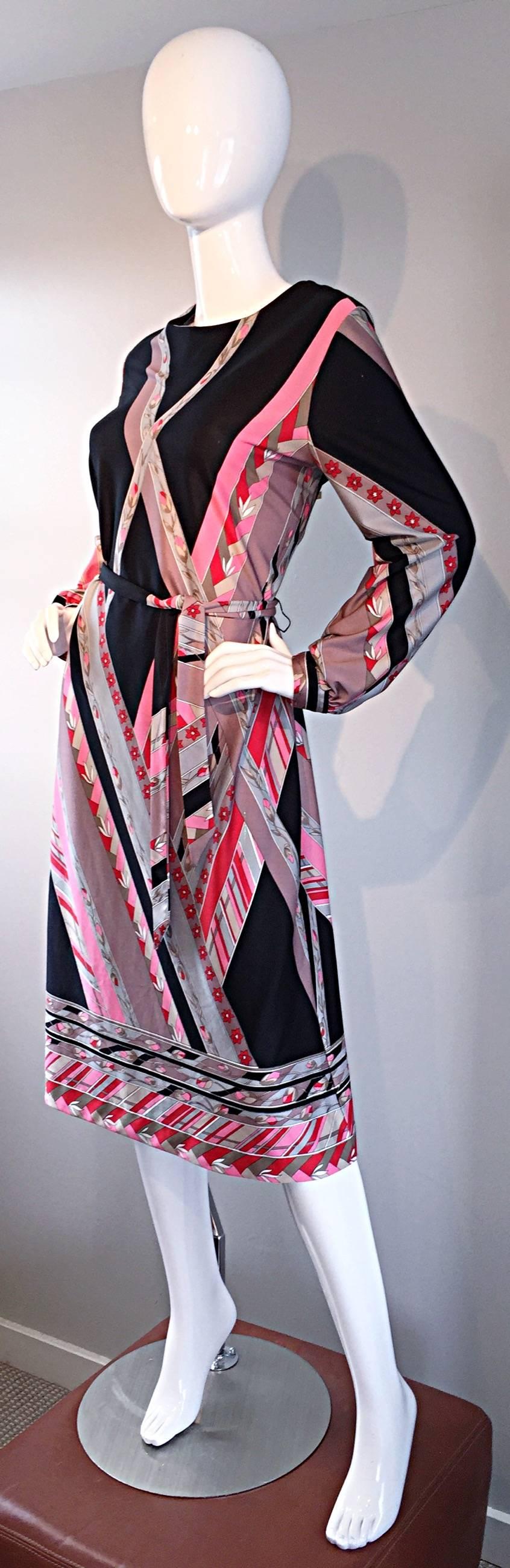 Women's Vintage Lanvin 1970s 70s Large Pink + Red + Gray Belted Geometric Flower Dress