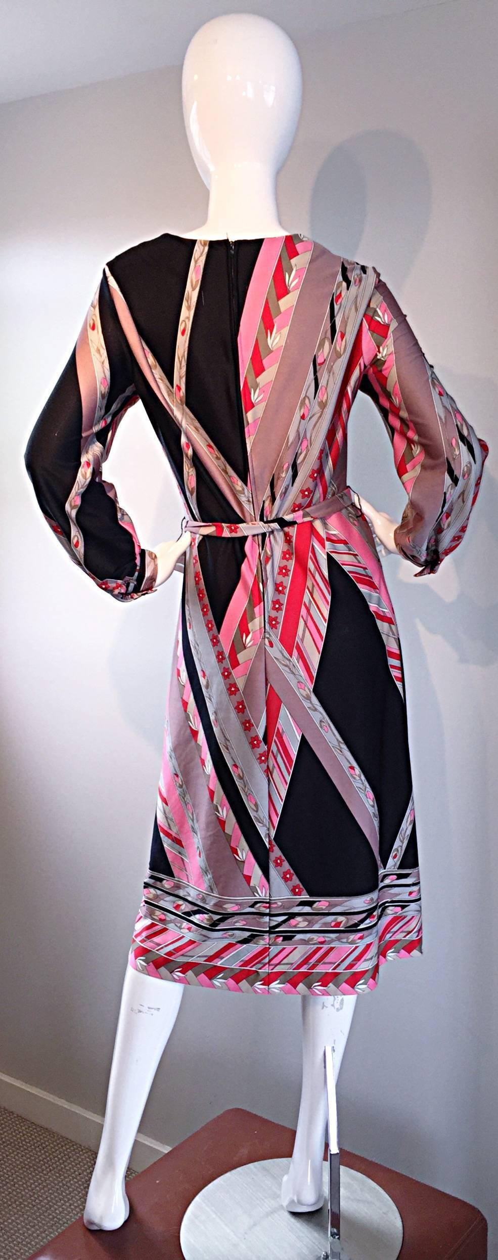 Vintage Lanvin 1970s 70s Large Pink + Red + Gray Belted Geometric Flower Dress 1