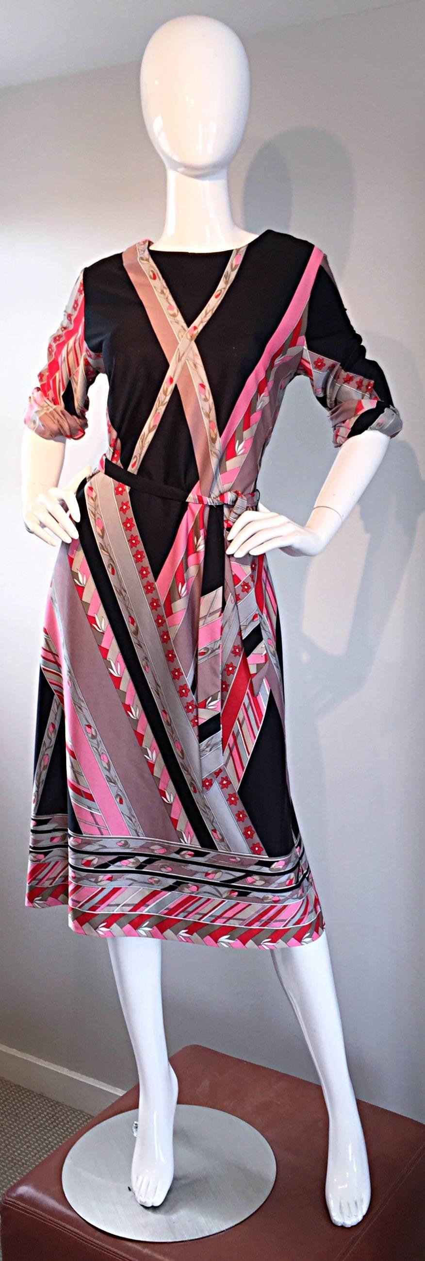 Brown Vintage Lanvin 1970s 70s Large Pink + Red + Gray Belted Geometric Flower Dress