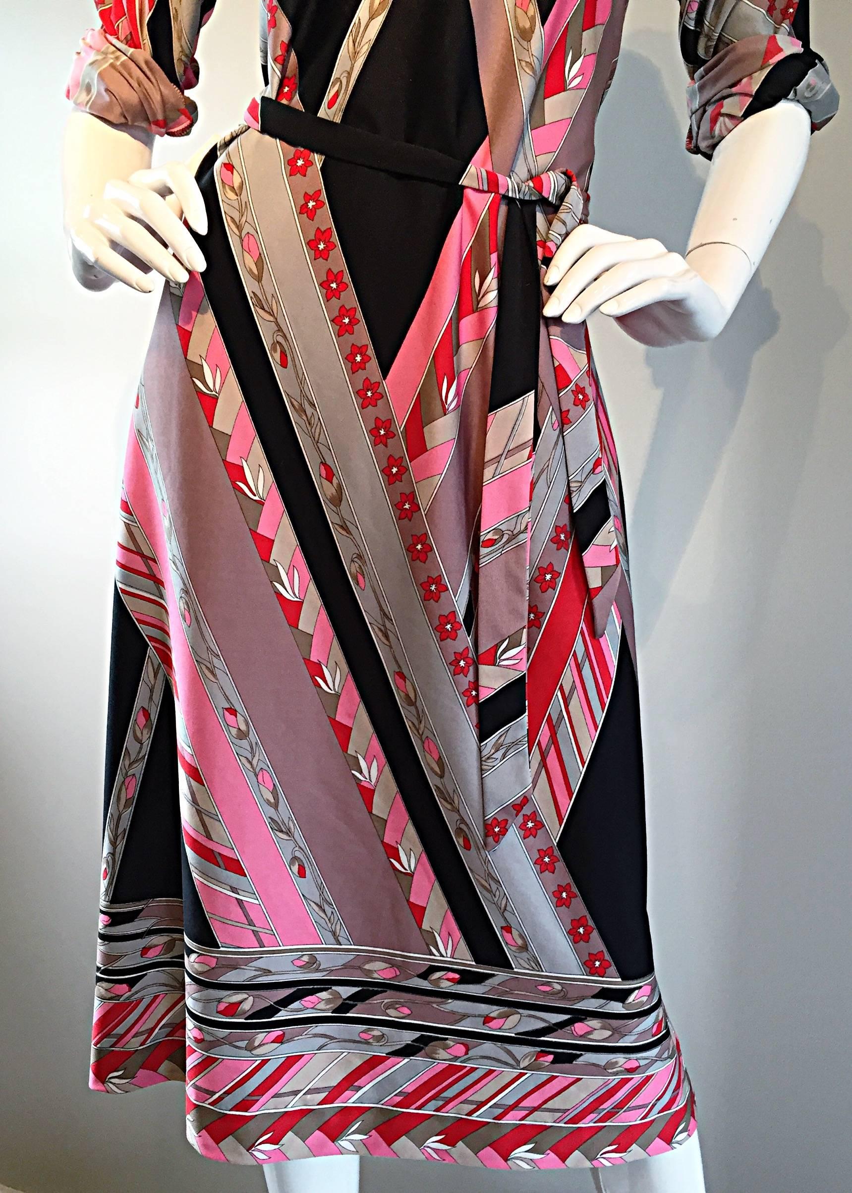 Vintage Lanvin 1970s 70s Large Pink + Red + Gray Belted Geometric Flower Dress 4
