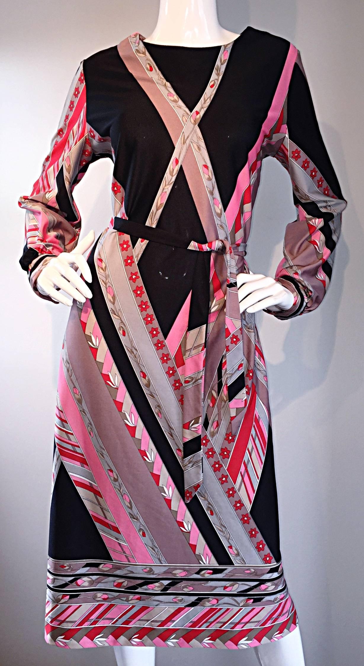 Vintage Lanvin 1970s 70s Large Pink + Red + Gray Belted Geometric Flower Dress In Excellent Condition In San Diego, CA