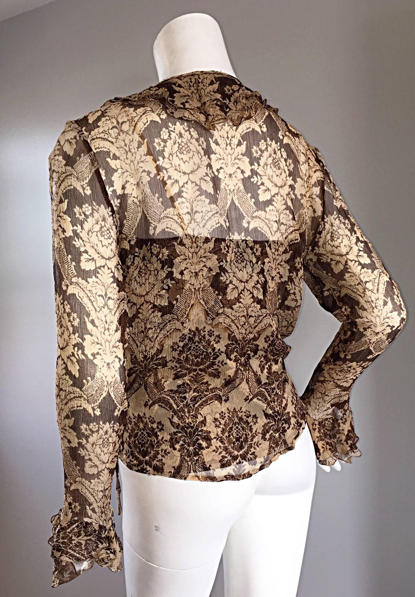 Brown Amazing Vintage Roberto Cavalli Regal ' Victorian Lace ' Silk Blouse & Cardigan 