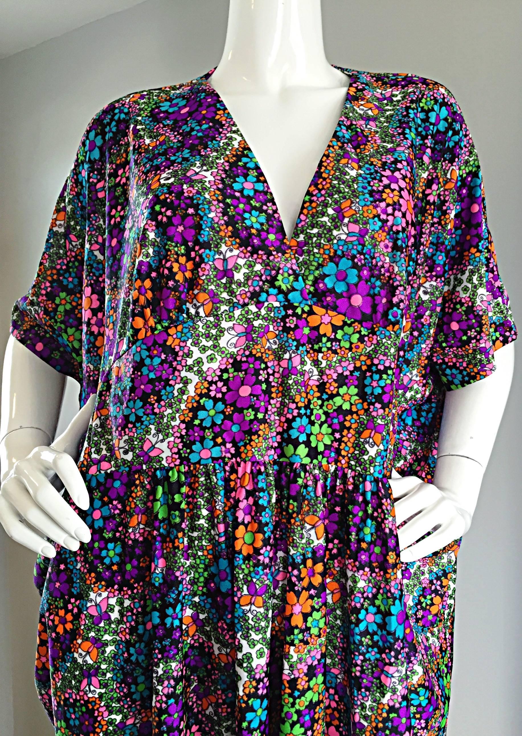 Black Amazing ' Butterflies and Flowers ' Colorful 1970s 70s Vintage Caftan Dress For Sale