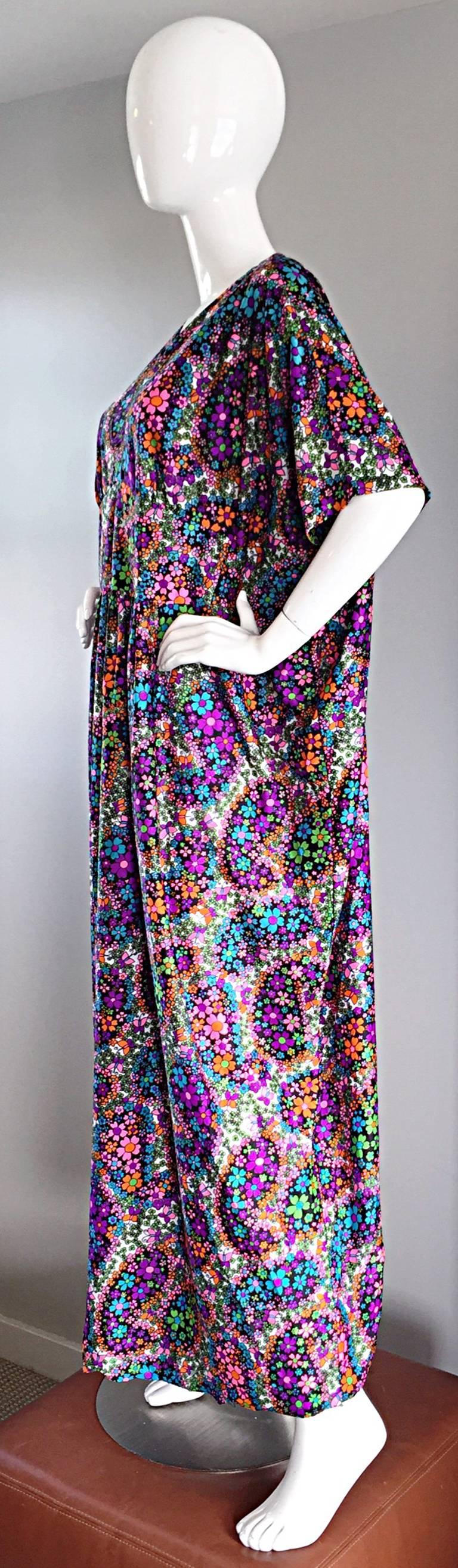 Amazing ' Butterflies and Flowers ' Colorful 1970s 70s Vintage Caftan Dress For Sale 1