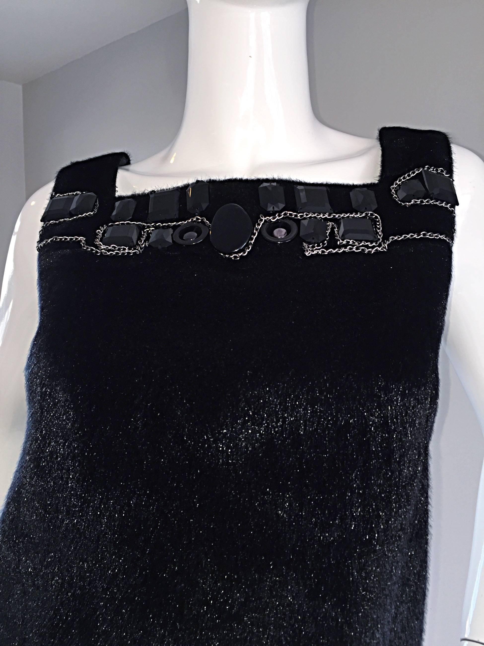 Women's 1990s 90s Faux Fur Designer Black Shift Dress w/ Chains and Beads Made in Italy For Sale