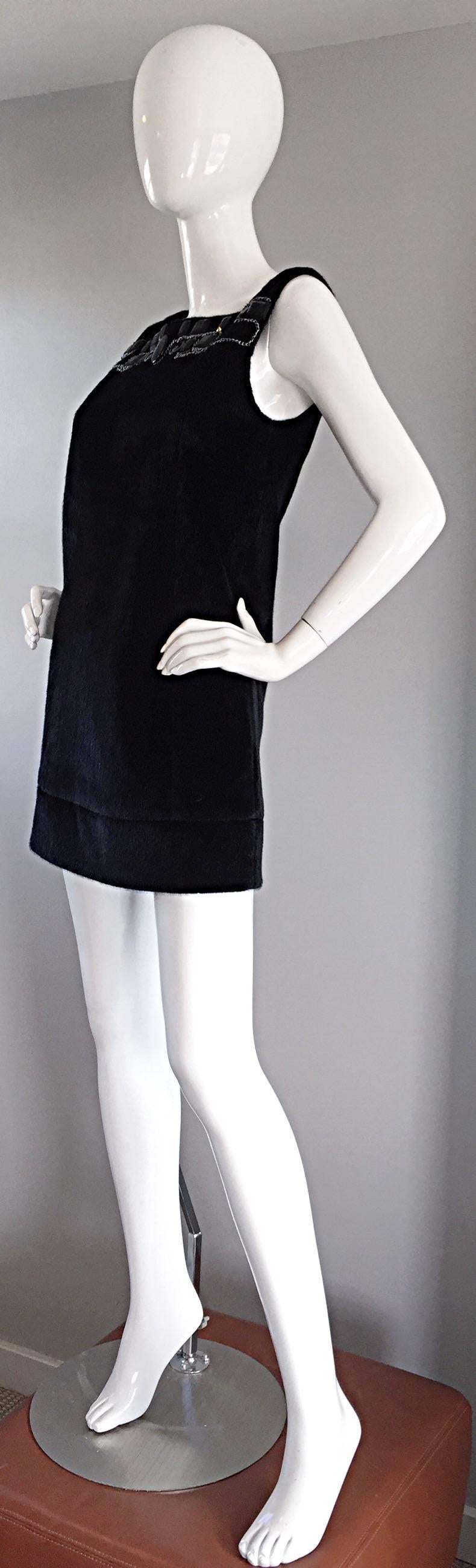 1990s 90s Faux Fur Designer Black Shift Dress w/ Chains and Beads Made in Italy In Excellent Condition For Sale In San Diego, CA