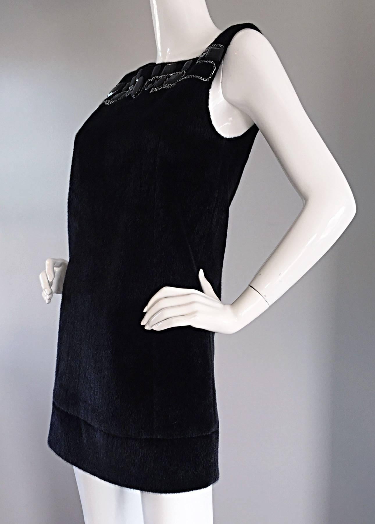 1990s 90s Faux Fur Designer Black Shift Dress w/ Chains and Beads Made in Italy For Sale 2