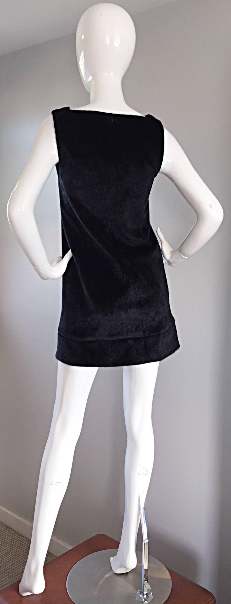 1990s 90s Faux Fur Designer Black Shift Dress w/ Chains and Beads Made in Italy For Sale 1