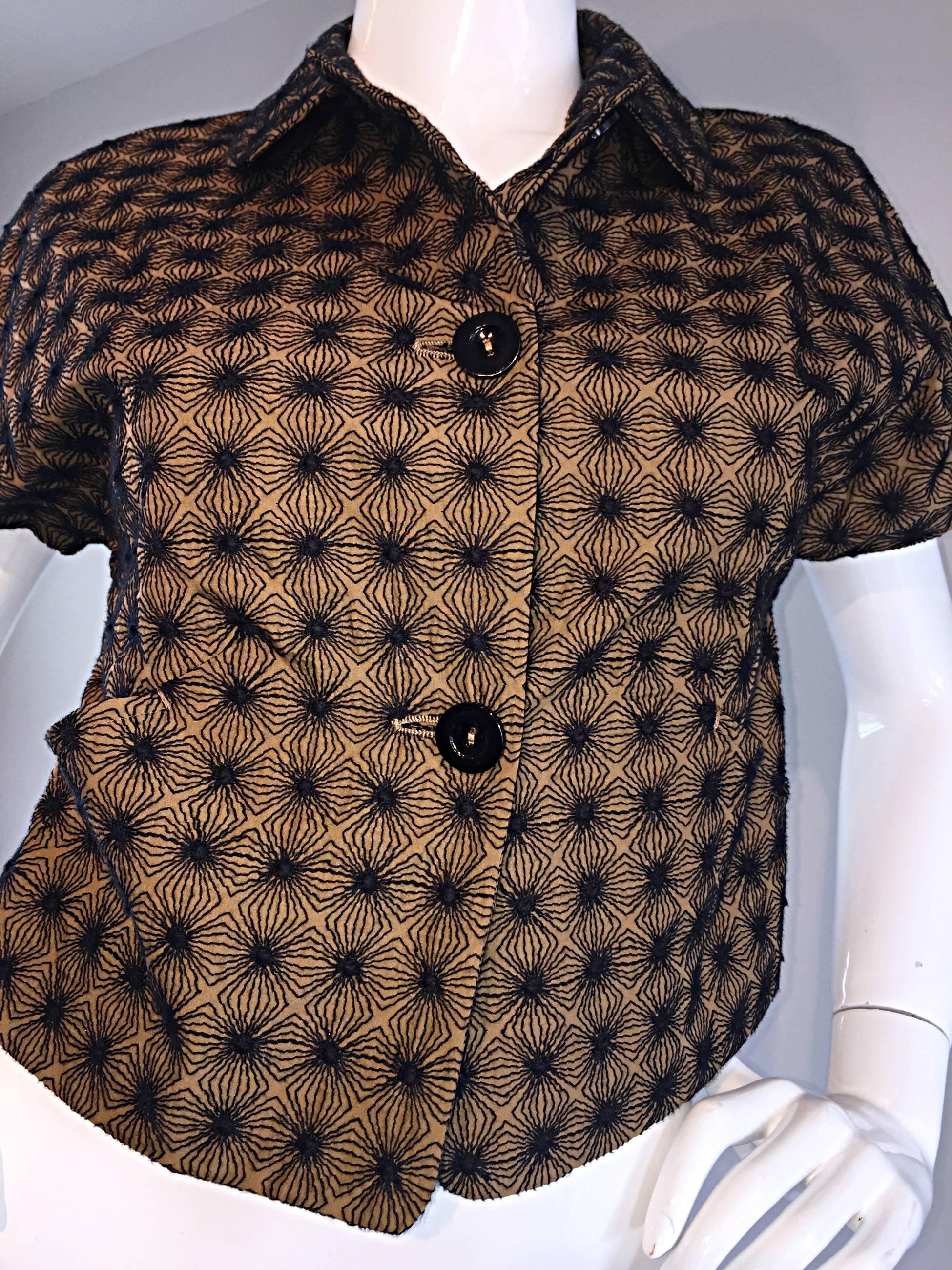 Piazza Sempione Brown and Black Embroidered 40s Style Cropped Cotton Jacket For Sale 1