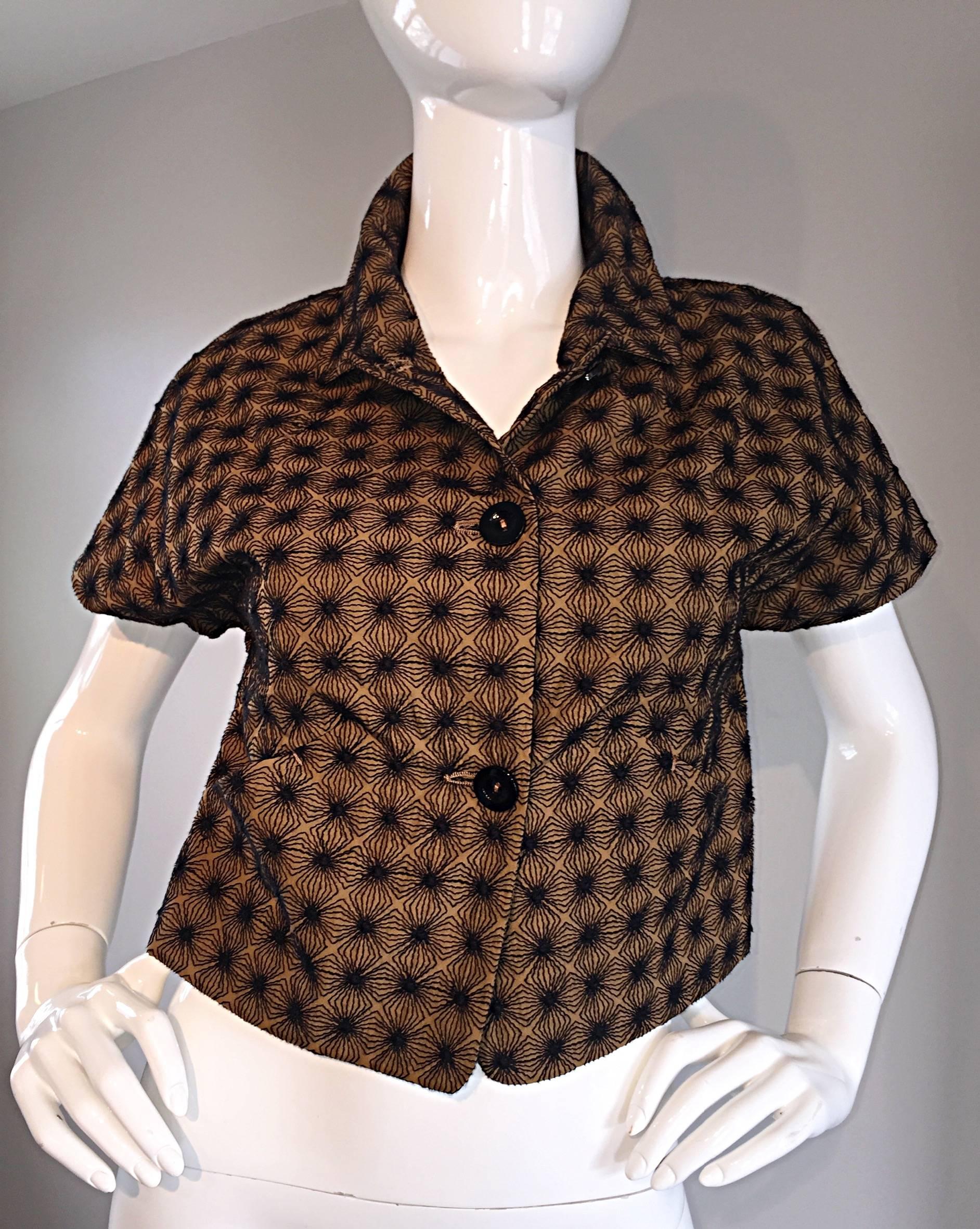 Piazza Sempione Brown and Black Embroidered 40s Style Cropped Cotton Jacket In Excellent Condition For Sale In San Diego, CA