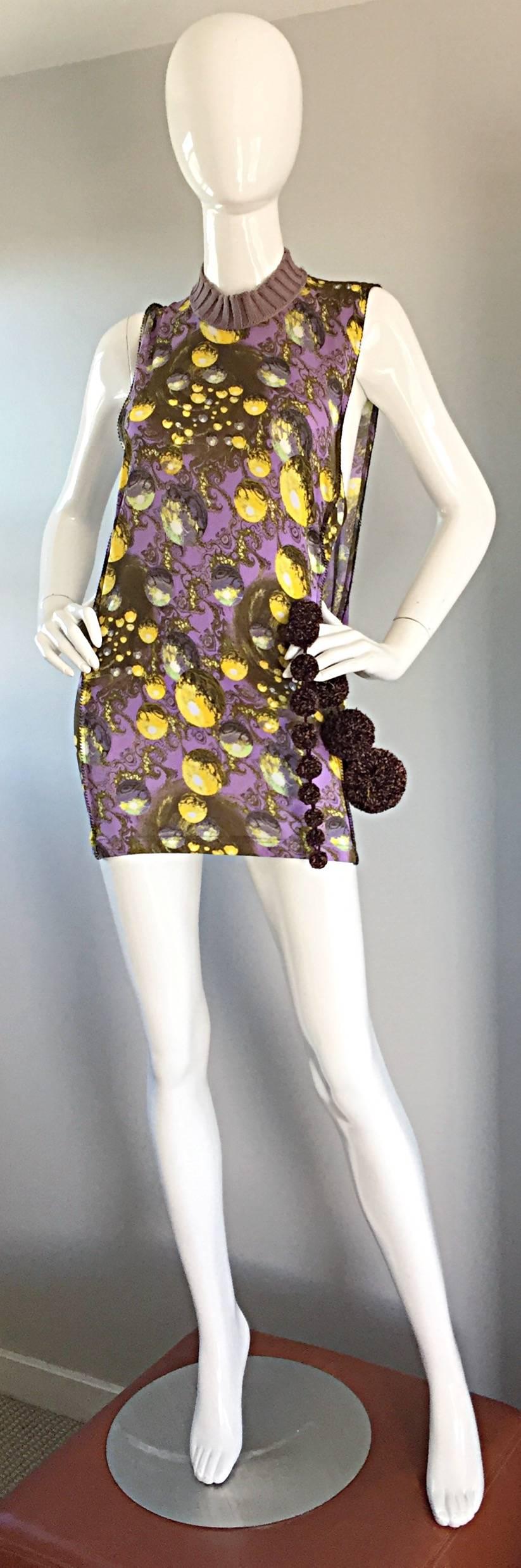 Amazing vintage JEAN PAUL GAULTIER 'galaxy print' sexy mini dress! Attached Pom Pom tail, which can also be wrapped around the neck as a scarf. Jersey material, which stretches to fit. A statement worthy piece, that is an investment only to