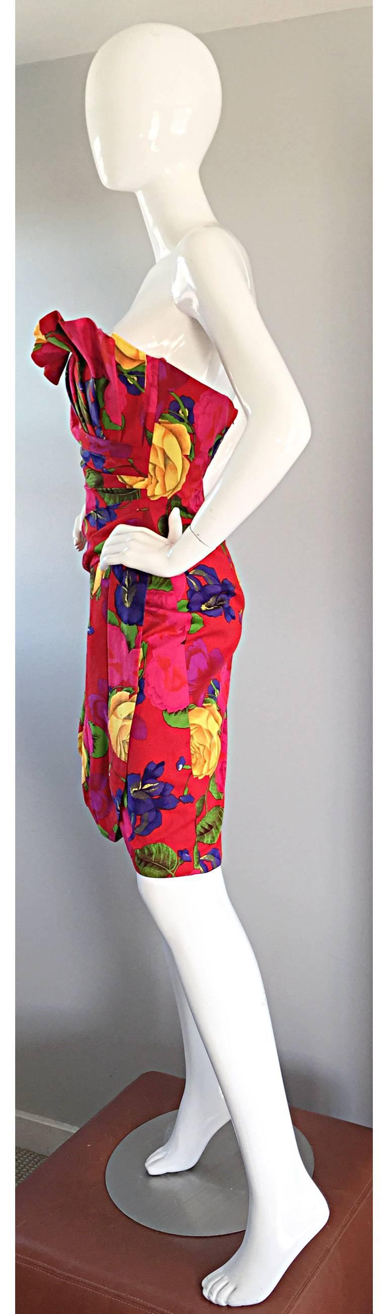 Vintage Neiman Marcus Size 8 Hawaiian Flower Strapless Origami Wiggle Dress For Sale 1