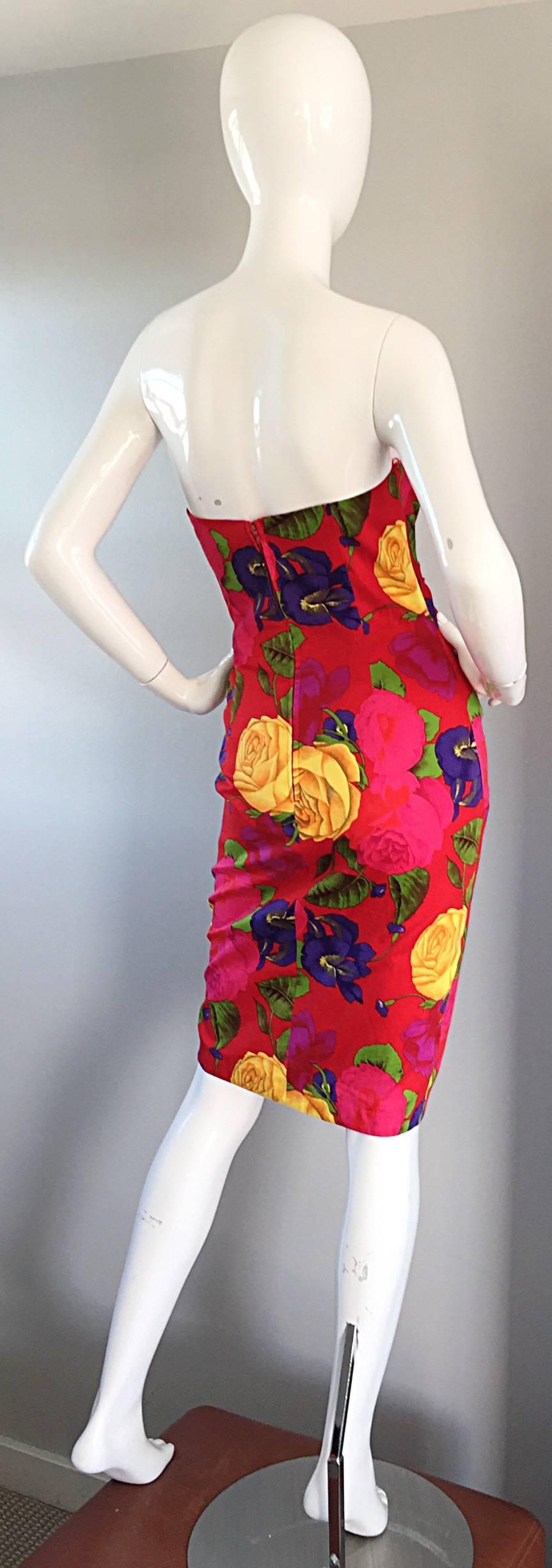 Red Vintage Neiman Marcus Size 8 Hawaiian Flower Strapless Origami Wiggle Dress For Sale