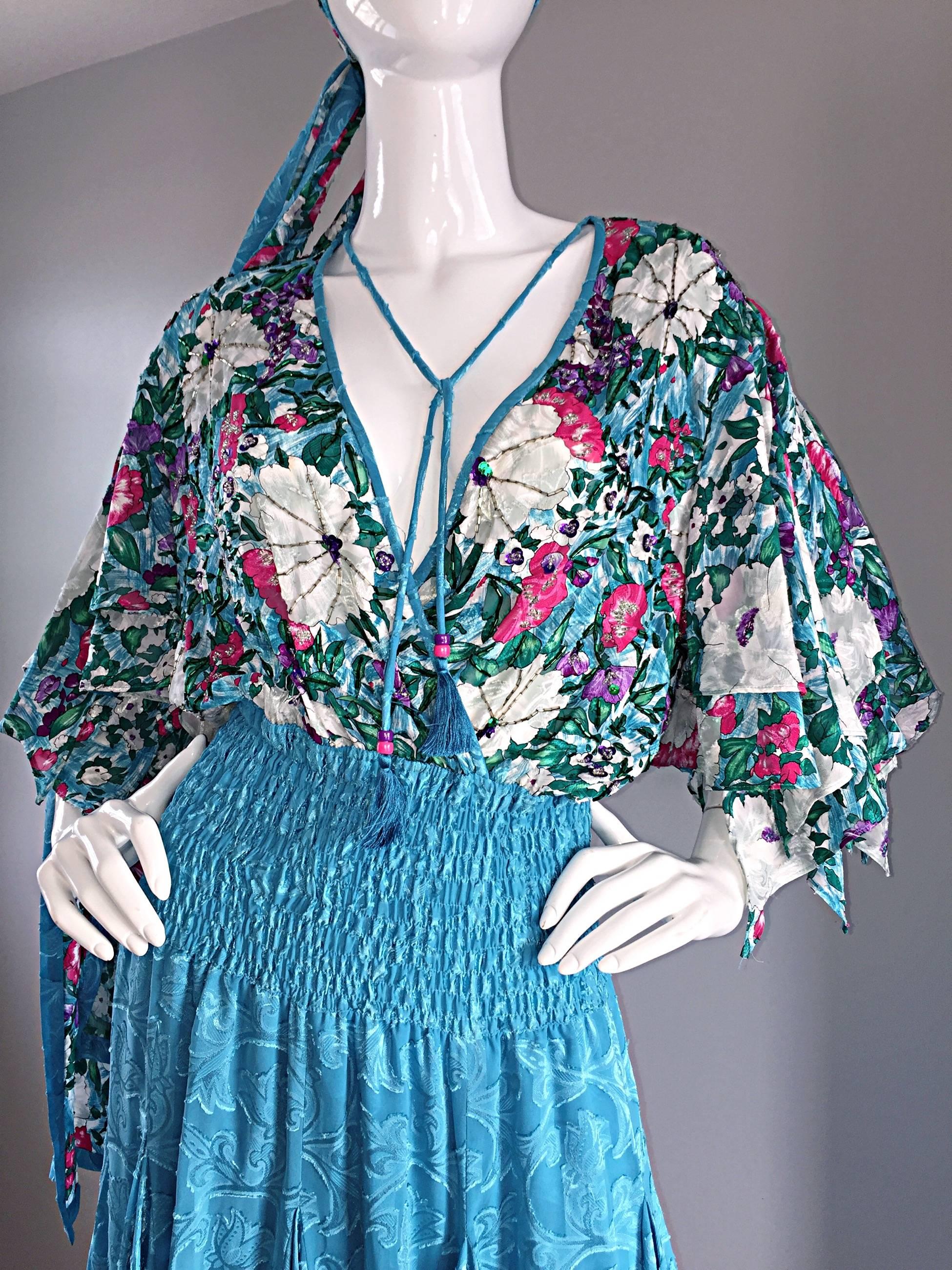 Amazing Vintage Diane Freis Colorful Beaded Boho Dress w/ Head Scarf  3