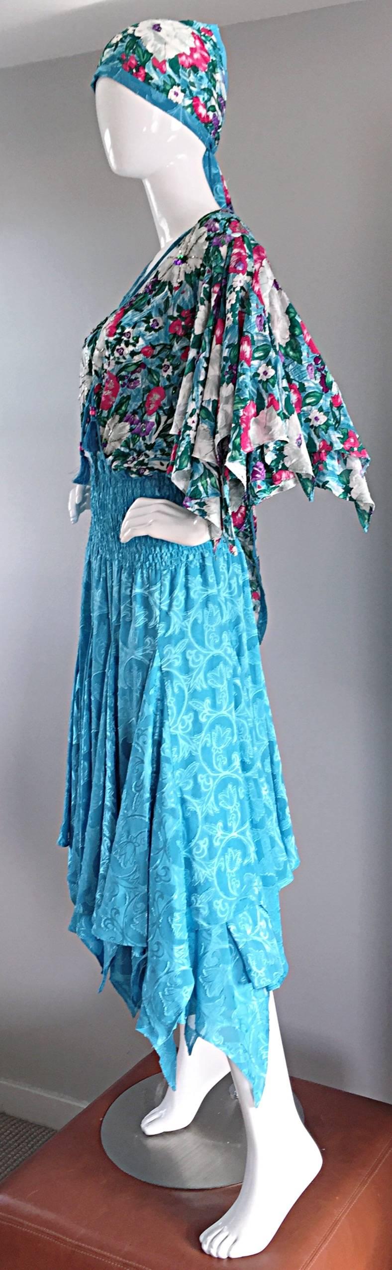 Women's Amazing Vintage Diane Freis Colorful Beaded Boho Dress w/ Head Scarf 