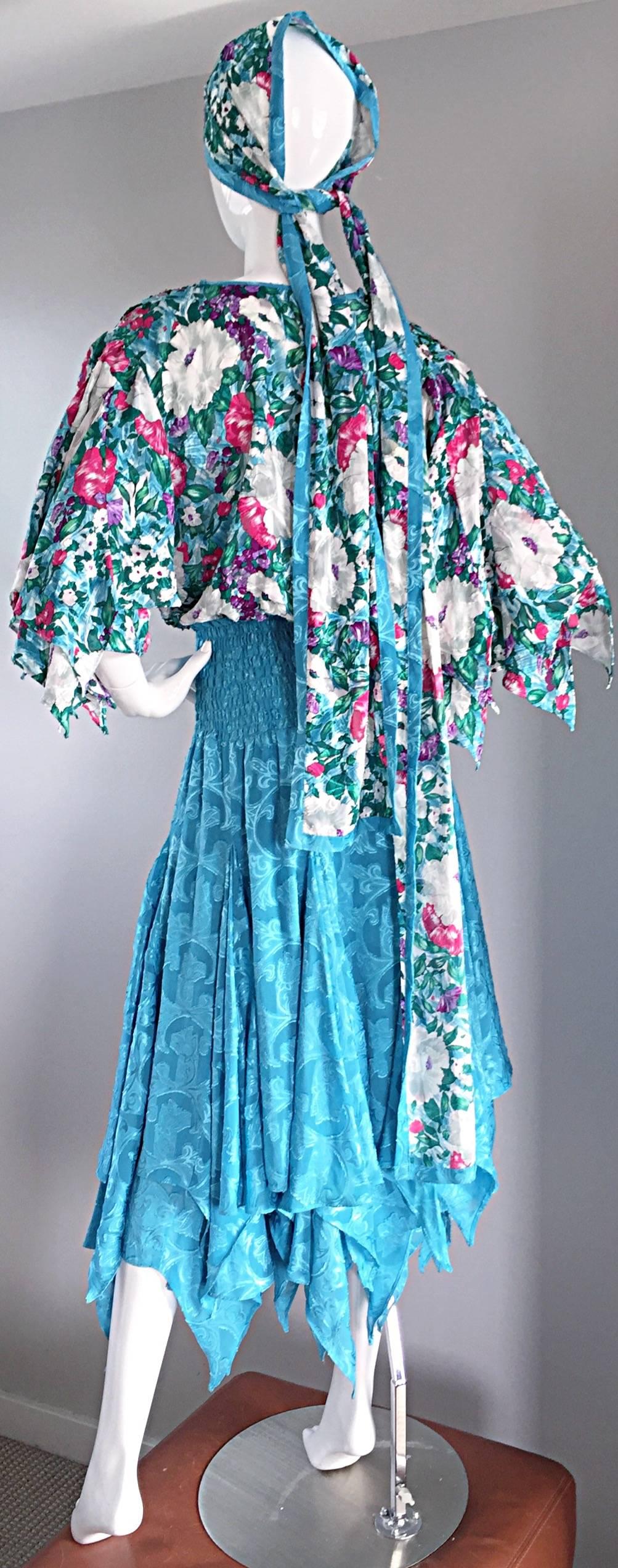 Amazing Vintage Diane Freis Colorful Beaded Boho Dress w/ Head Scarf  1