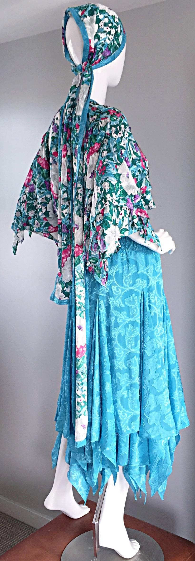 Blue Amazing Vintage Diane Freis Colorful Beaded Boho Dress w/ Head Scarf 
