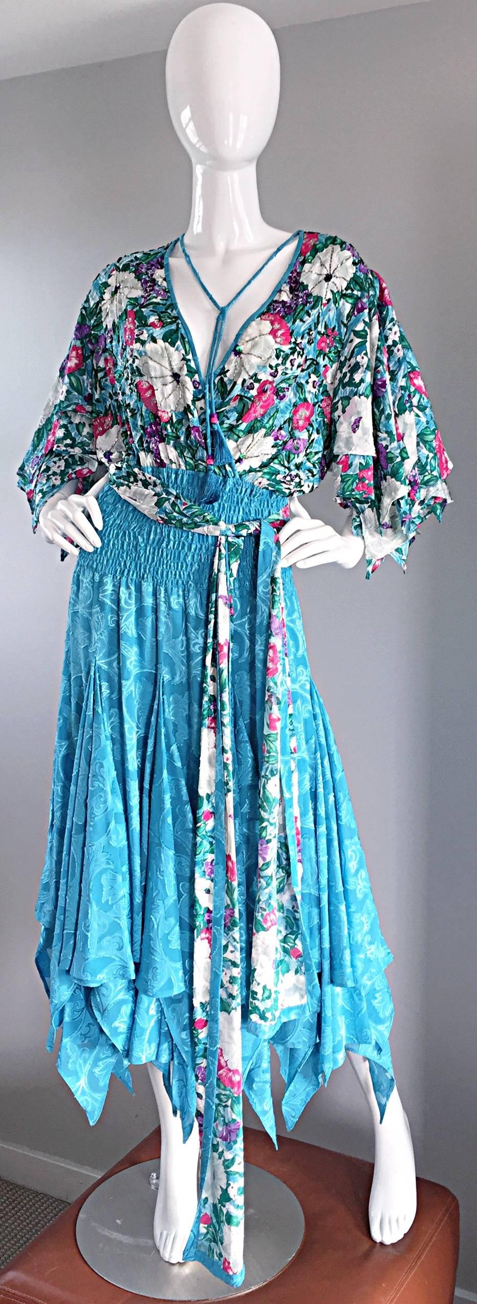Incredible vintage DIANE FREIS ( Fres ) boho dress, and matching head scarf! Beaded throughout the flower printed bodice, with 'scarf-hem' sleeves, and skirt. So much detail on this rare find! Attached tassels at the neck, with beads at each end.