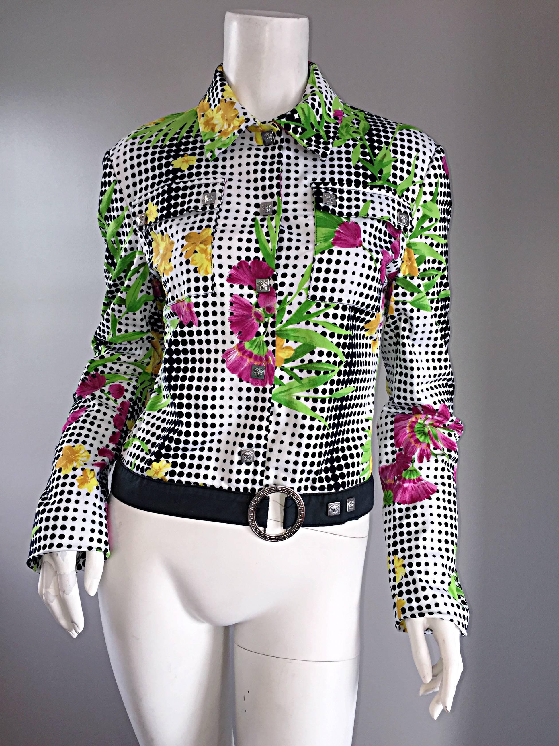 Women's Important Vintage 1990s Gianni Versace Jeans Couture Op  Art Belted 90s Jacket For Sale