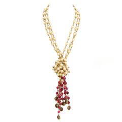 CHANEL Three Strand Long Faux Pearl Lariat Necklace W. Red Gripoix Beads 1984