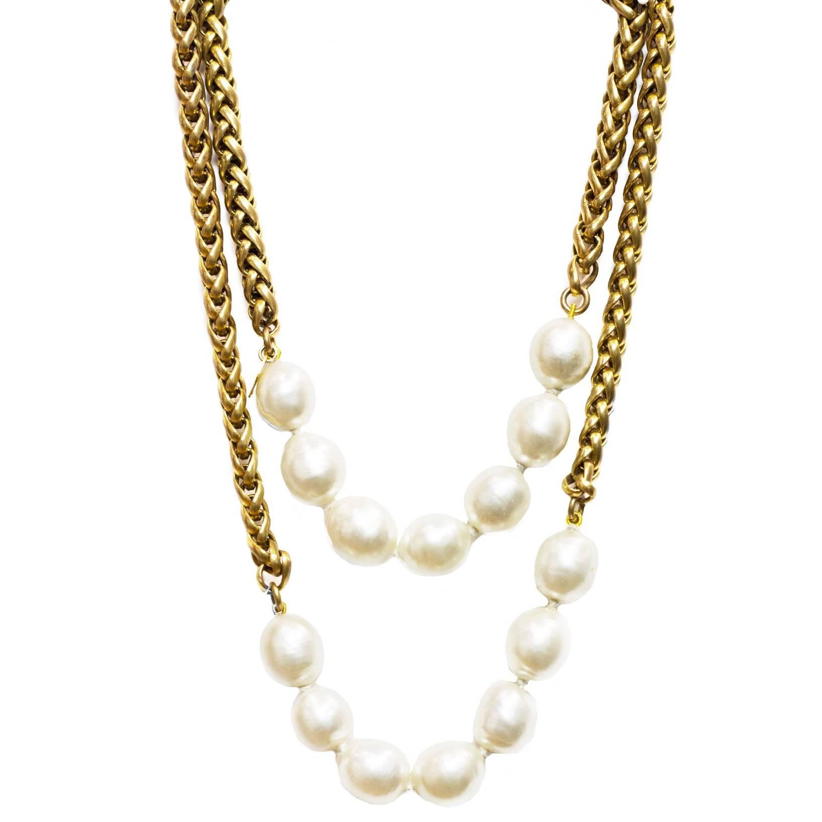 CHANEL Goldtone Necklace W. Two Faux Pearl Sections 1984