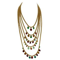 Rare Vintage Chanel 5 Strand Gold Chain Colorful Gripoix Bead Necklace 1980s 12
