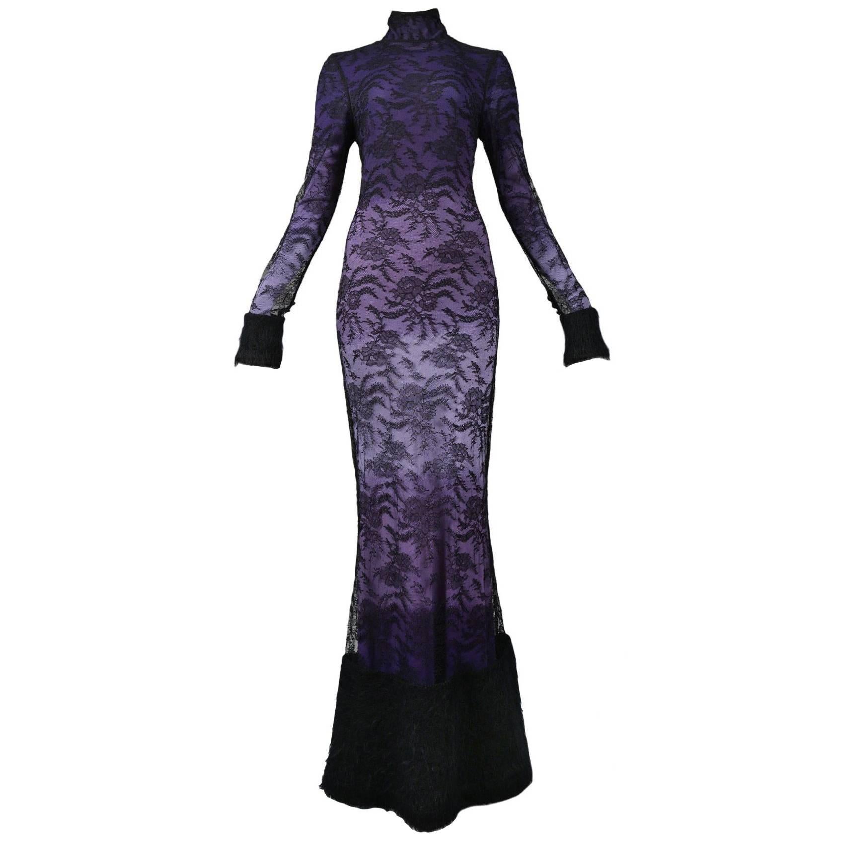 John Galliano Purple Ombre and Lace Gown 