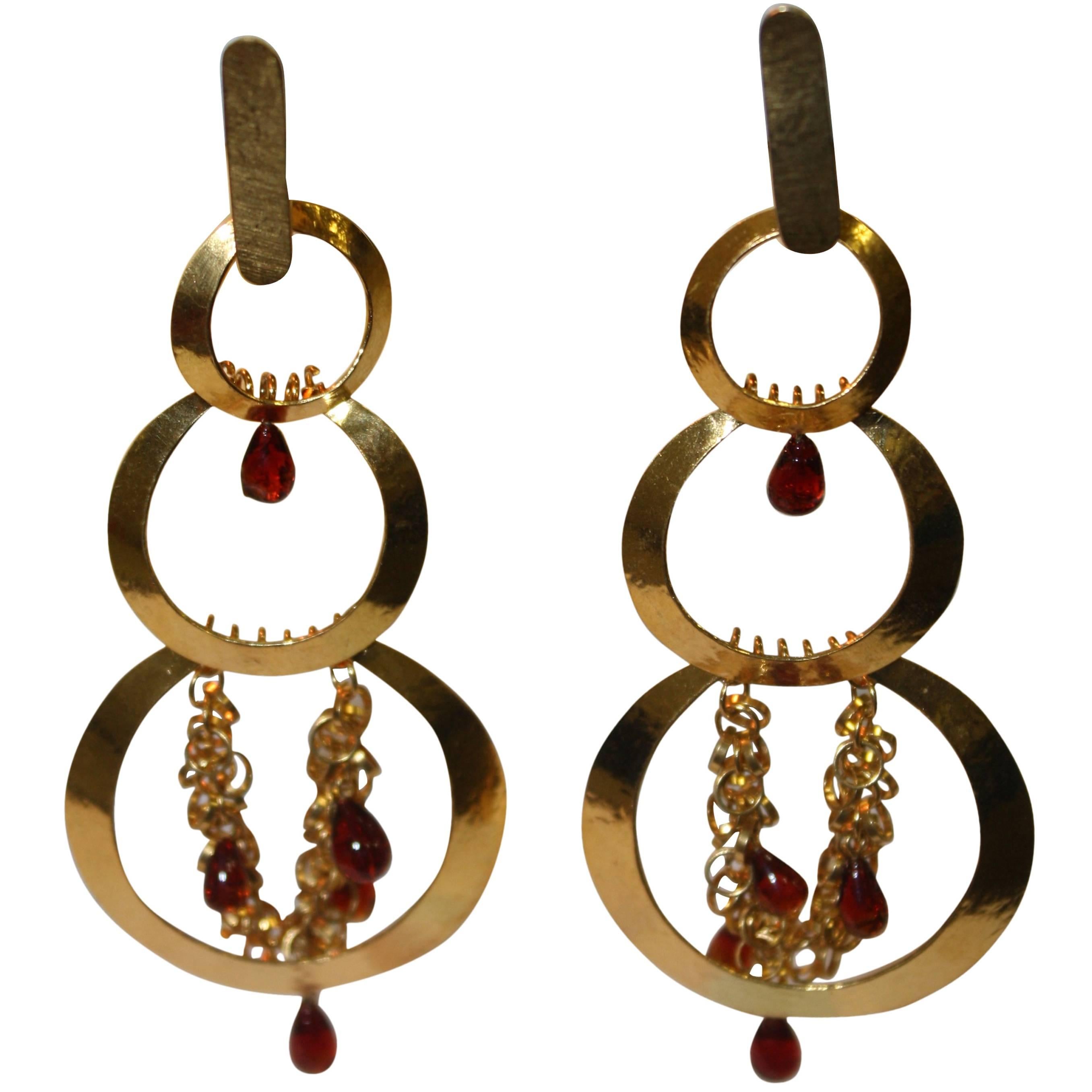 Vintage Herve van der Straeten Hammered Gold and Garnet Statement Clip Earrings 