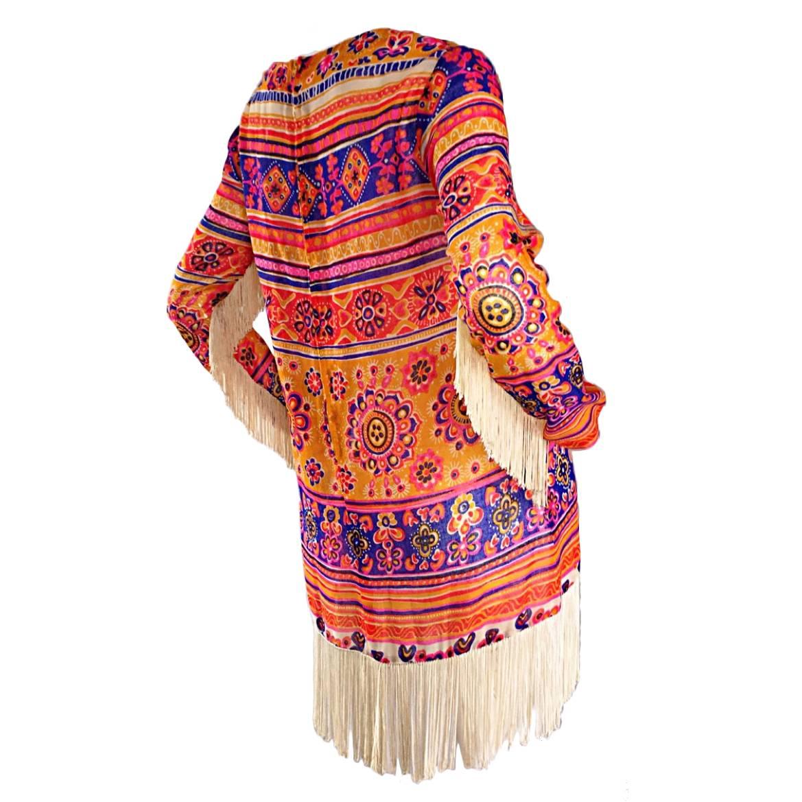 Erstaunlich Vintage Victor Bijou für Joseph Magnin 1970er Jahre Boho Fransen Tunika Kleid