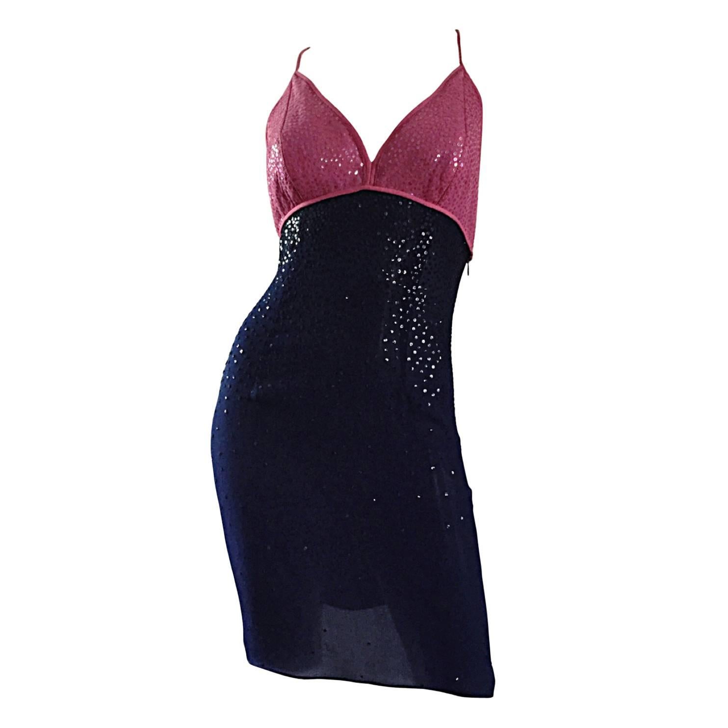 Sexy Vintage Neil Bieff Pink + Navy Blue Silk Sequin Dress w/ Tasseled Back For Sale
