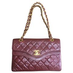 Vintage Chanel wine, bordeaux lambskin rare 2.55 double flap chain shoulder bag.