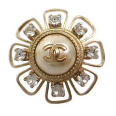 Chanel Gold Rhinestone Pearl Flower Pin Brooch in Box