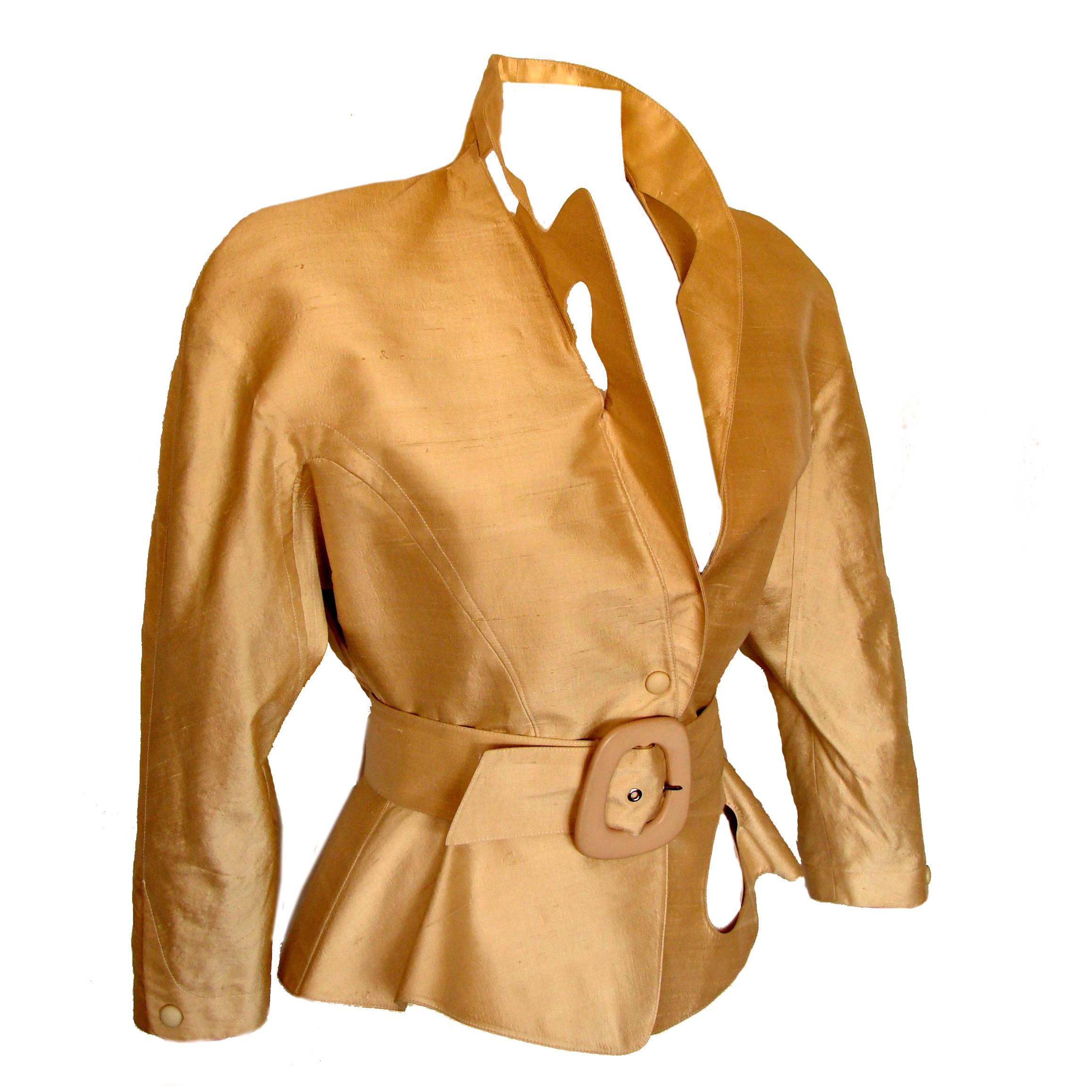 Thierry Mugler Paris Sculptural Gold Doupioni Silk Jacket + Belt Set Size 40 198
