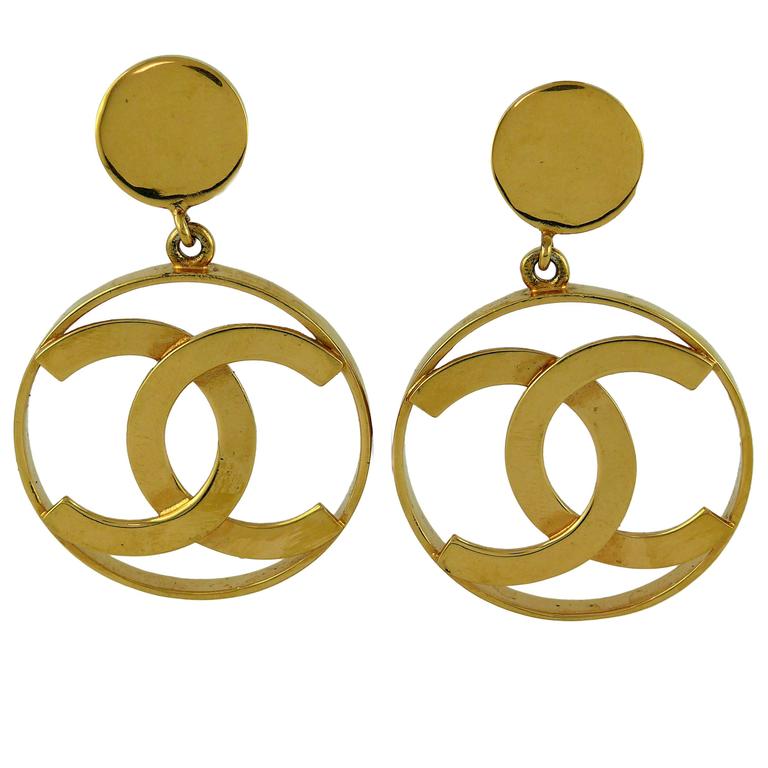 Chanel Vintage Chanel Gold-tone CC Logo Half Hoop Drop Earrings