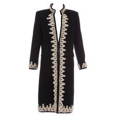 Vintage Oscar De la Renta Black Wool Cream Embroidered Open Front Coat, Fall 2001