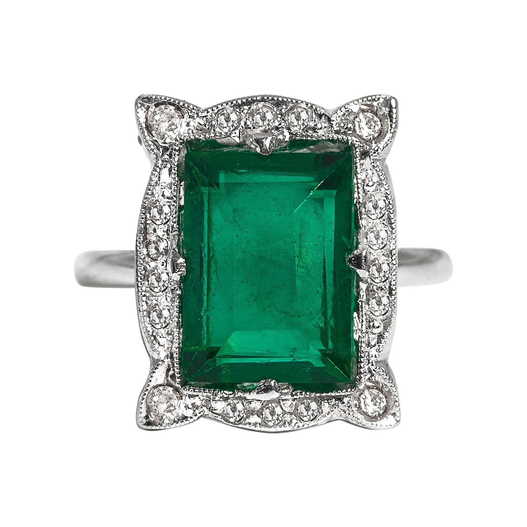 Rare Art Deco Faux Diamond Emerald Sterling Paste Ring