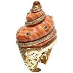 20th Century Exotic Nautral Agate, Yellow and White Fancy Diamond Cocktail Ring 