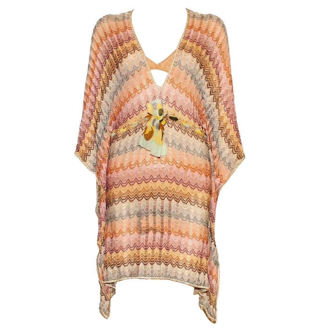 Stunning Missoni Gold Metallic Crochet Knit Kaftan Tunic Dress