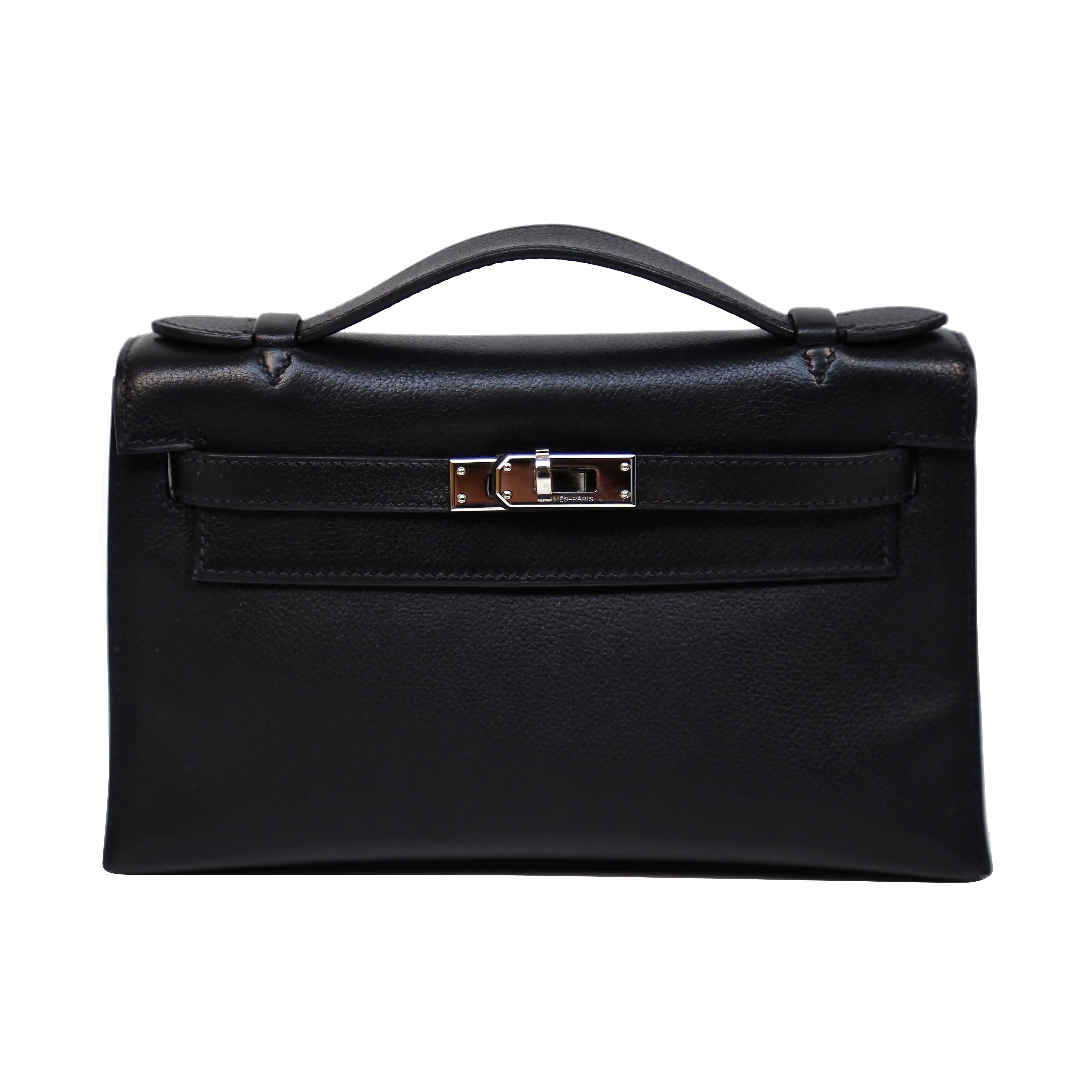 Hermes Kelly Pochette Clutch in black evergrain leather with ruthenium hardware