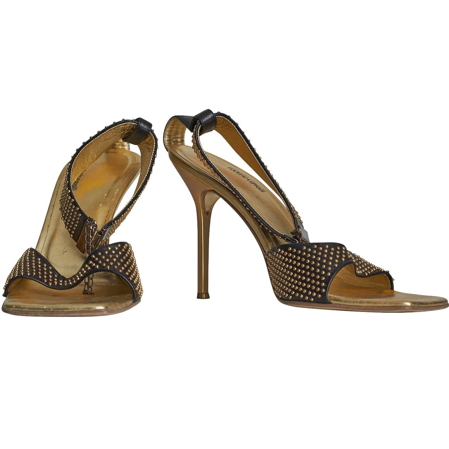 Roberto Cavalli Black Gold Studded Sandals Size UK 6 For Sale